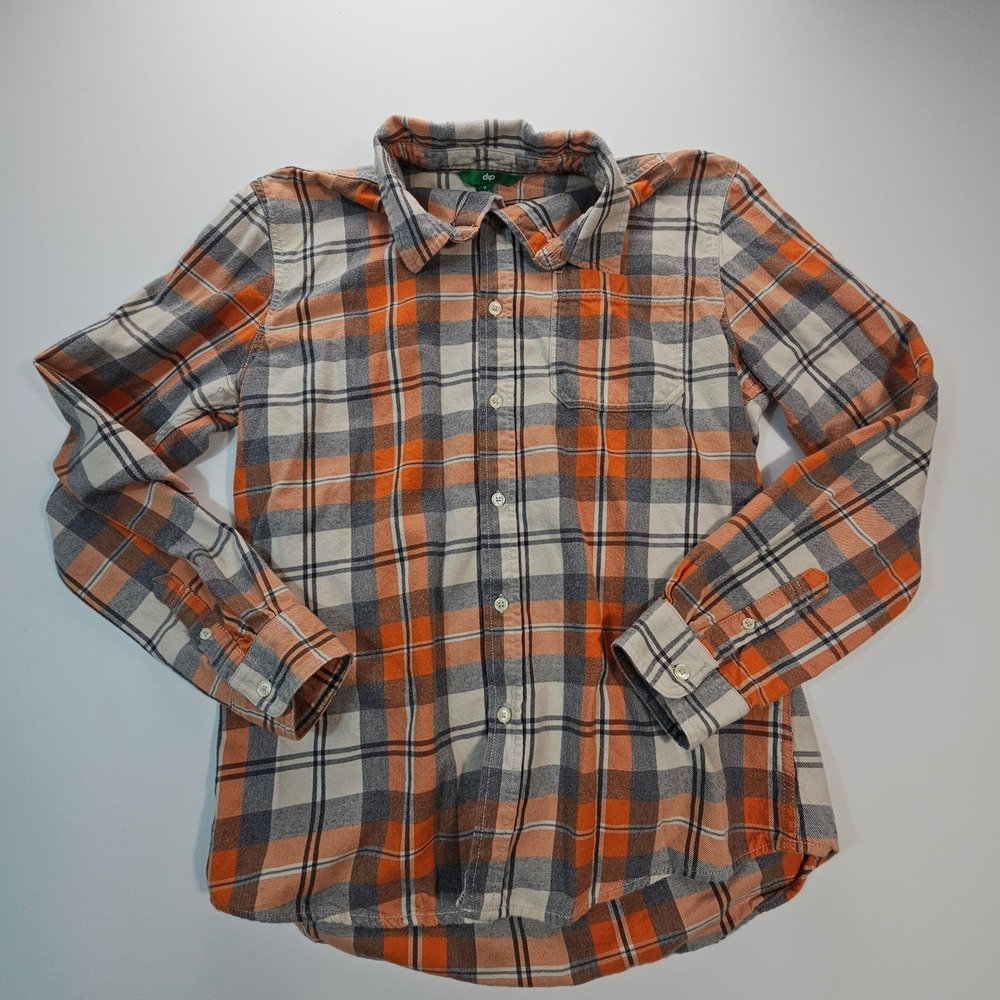 Dip Mens Plaid Flannel Button Down Shirt Orange Grey White Size M Long Sleeve